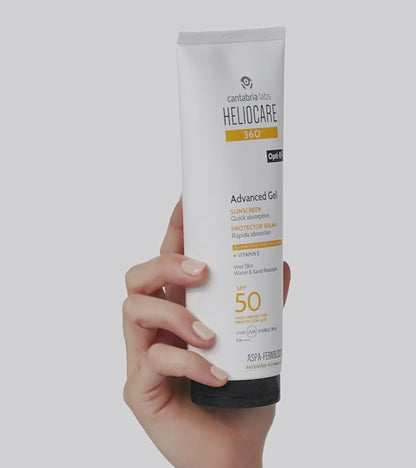 Heliocare 360º Advanced Gel SPF 50 saules aizsardzība visai ģimenei sejai un ķermenim uz balta fona